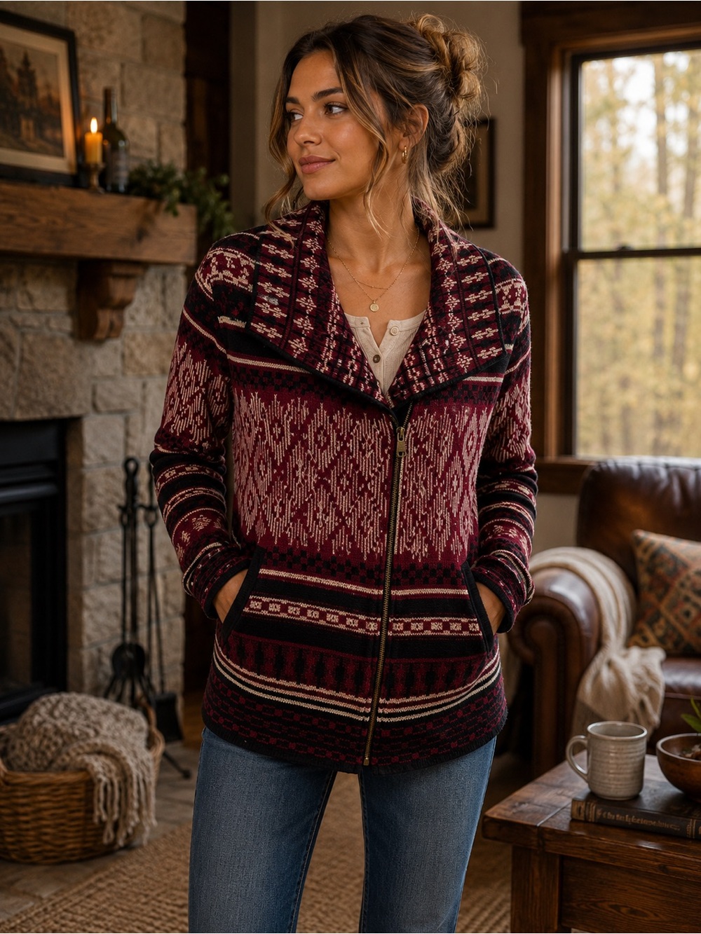 Lucky Brand Southwestern Knit Zip Jacket Sweater Small